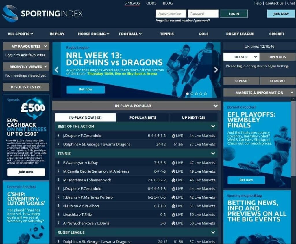 Sporting Index Home Page Screenshot