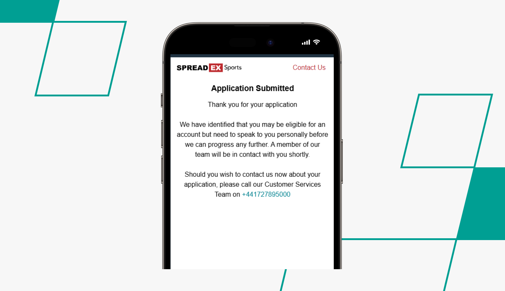 Application submission screenshot on spreadex