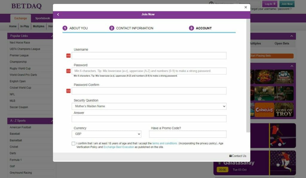 betdaq registration page screenshot