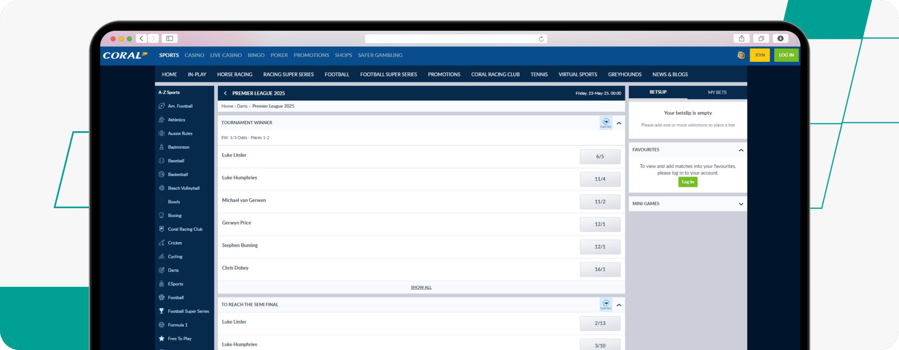 screenshot of coral's premier league darts odds