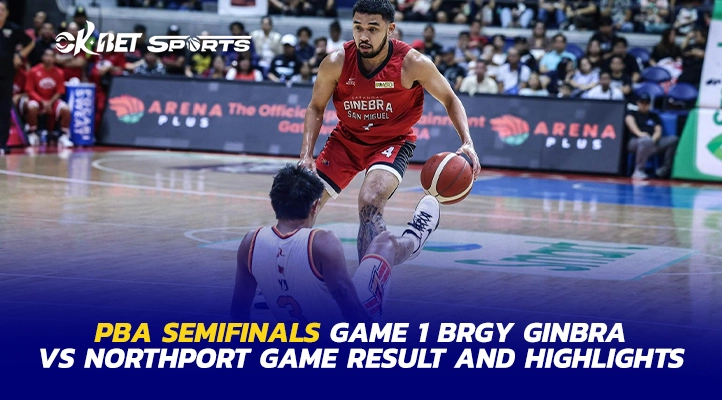 a photo of 2 basketball player playing in pba semis brgy ginebra vs northport